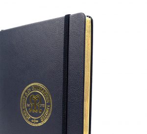 John Rigby custom notebook with gold edging and foil print logo